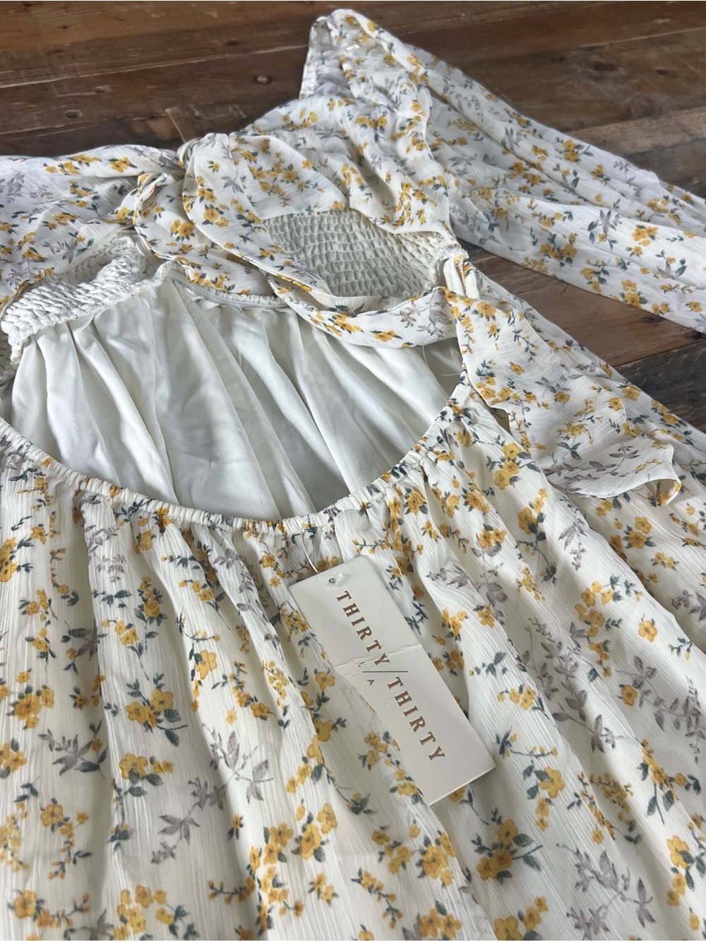 White Floral Smocked Babydoll Dress - Yellow Flower Print - Picture 5 of 5